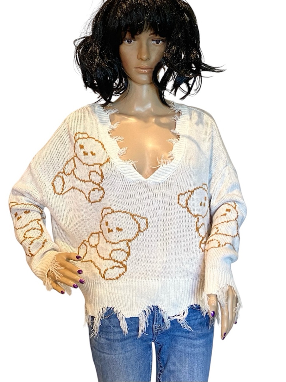 Just Polly Distressed Shredded Teddy Bear Sweater Oversized Cropped Medium EUC